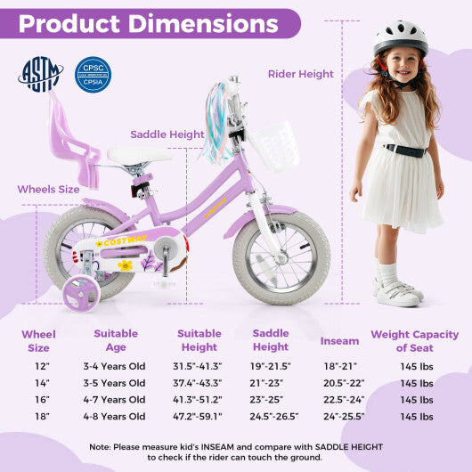 Costway 12 Inch Girls Bike Kids Bicycle with Doll Seat and Streamers for Children 3-4 Years Old Purple