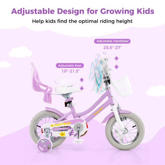 Costway 12 Inch Girls Bike Kids Bicycle with Doll Seat and Streamers for Children 3-4 Years Old Purple