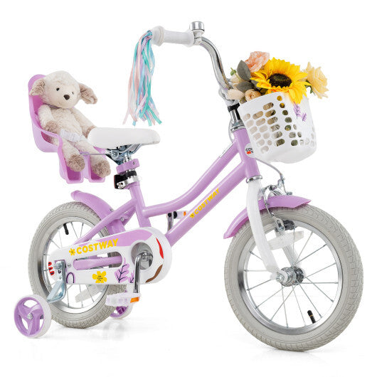 Costway 14 Inch Girls Bike Kids Bicycle with Doll Seat and Streamers for Children 3-5 Years Old Purple
