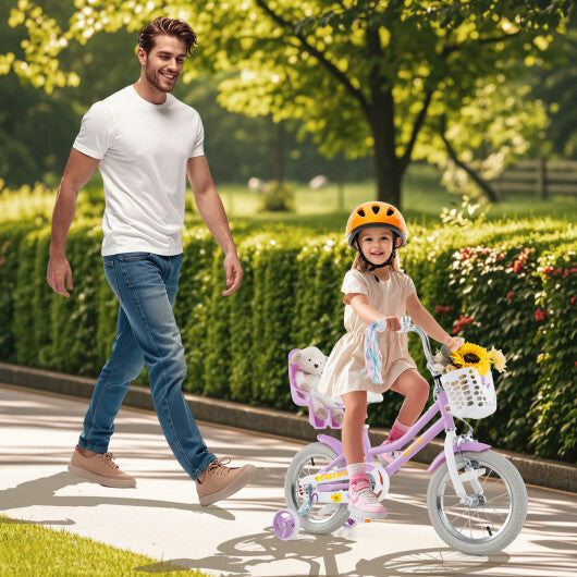 Costway 14 Inch Girls Bike Kids Bicycle with Doll Seat and Streamers for Children 3-5 Years Old Purple
