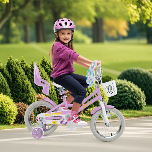 Costway 14 Inch Girls Bike Kids Bicycle with Doll Seat and Streamers for Children 3-5 Years Old Purple