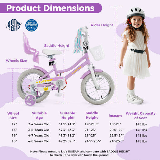 Costway 14 Inch Girls Bike Kids Bicycle with Doll Seat and Streamers for Children 3-5 Years Old Purple