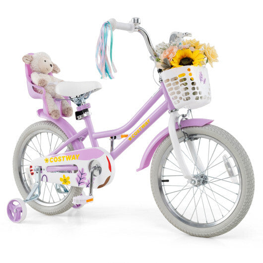 Costway 18 Inch Girls Bike Kids Bicycle with Doll Seat and Streamers for Children 4-8 Years Old Purple