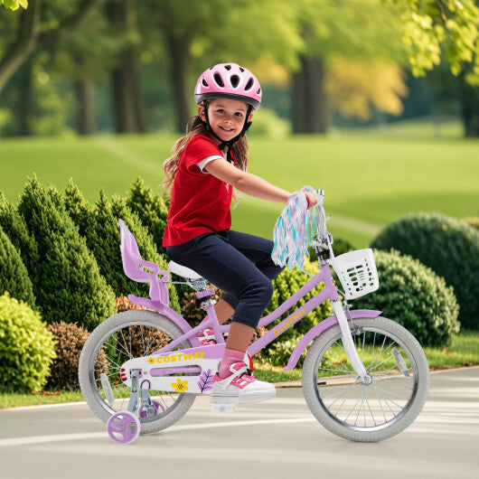 Costway 18 Inch Girls Bike Kids Bicycle with Doll Seat and Streamers for Children 4-8 Years Old Purple