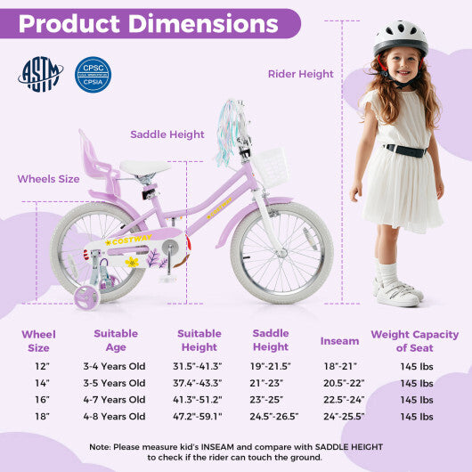 Costway 18 Inch Girls Bike Kids Bicycle with Doll Seat and Streamers for Children 4-8 Years Old Purple
