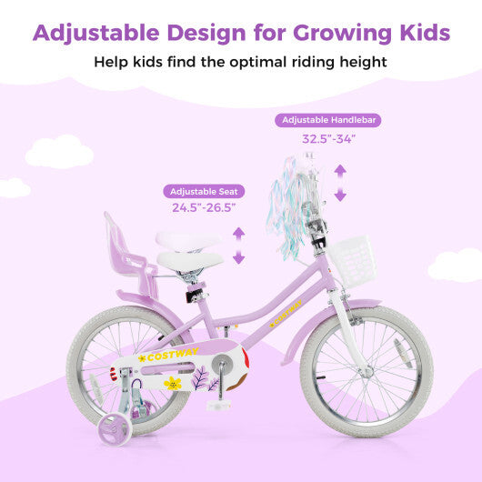 Costway 18 Inch Girls Bike Kids Bicycle with Doll Seat and Streamers for Children 4-8 Years Old Purple