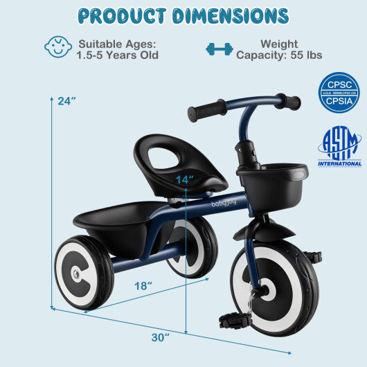 Costway Toddler Tricycle with Adjustable Seat and Storage Baskets for 1.5-5 Years Old-Navy