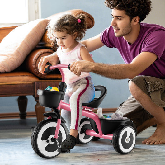 Costway Toddler Tricycle with Adjustable Seat and Storage Baskets for 1.5-5 Years Old-Pink