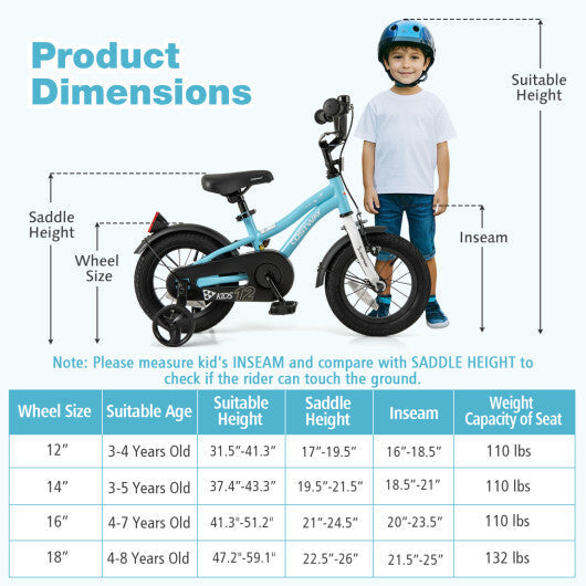 Costway 12-Inch Kids Bike for 3-4 Years Old Children Bicycle with Training Wheels W2B