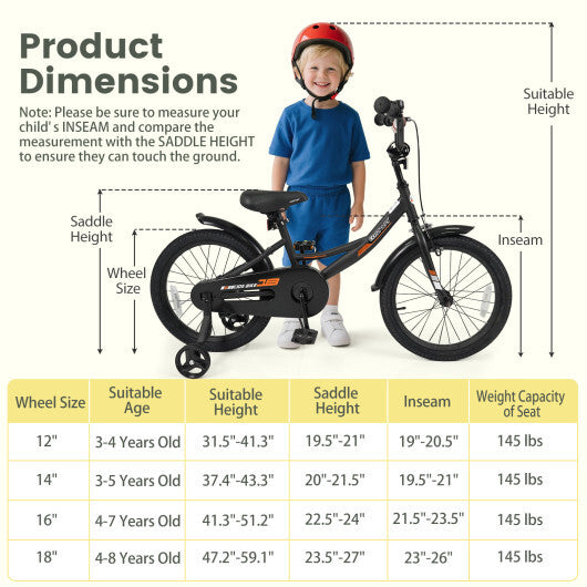 Costway 18 Inches Kids Bike with Removable Training Wheels and Adjustable Seatfor 4-8 Years Old Black