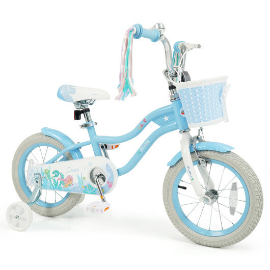 Costway 14 Inch Kids Bike Adjustable with Basket and Streamers Blue for Kids Aged 3-5 Years Old - Princess of the Sea Theme W2B