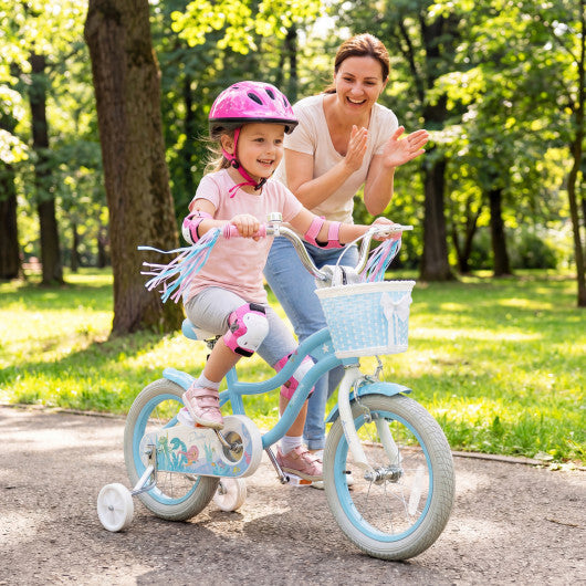 Costway 14 Inch Kids Bike Adjustable with Basket and Streamers Blue for Kids Aged 3-5 Years Old - Princess of the Sea Theme W2B