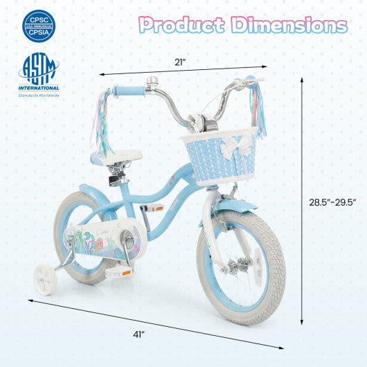 Costway 14 Inch Kids Bike Adjustable with Basket and Streamers Blue for Kids Aged 3-5 Years Old - Princess of the Sea Theme W2B