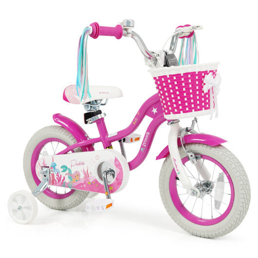 Costway 12-Inch Kids Bike Adjustable with Basket and Streamers Rose Red - Princess of the Sea Theme W2B