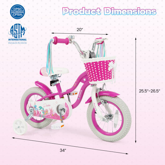 Costway 12-Inch Kids Bike Adjustable with Basket and Streamers Rose Red - Princess of the Sea Theme W2B