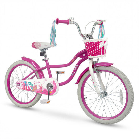Costway 20 Inch Kids Bike Adjustable with Basket and Streamers Rose Red - Princess of the Sea Theme W2B