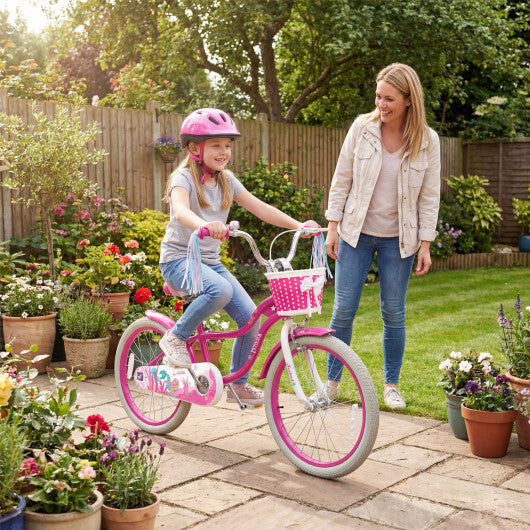 Costway 20 Inch Kids Bike Adjustable with Basket and Streamers Rose Red - Princess of the Sea Theme W2B