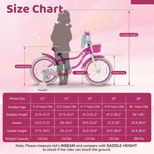 Costway 20 Inch Kids Bike Adjustable with Basket and Streamers Rose Red - Princess of the Sea Theme W2B