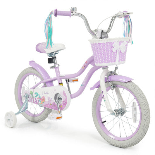 Costway 16 Inch Kids Bike Adjustable with Basket and Streamers Purple - Princess of the Sea Theme W2B