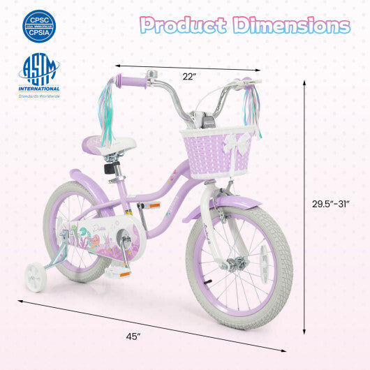 Costway 16 Inch Kids Bike Adjustable with Basket and Streamers Purple - Princess of the Sea Theme W2B
