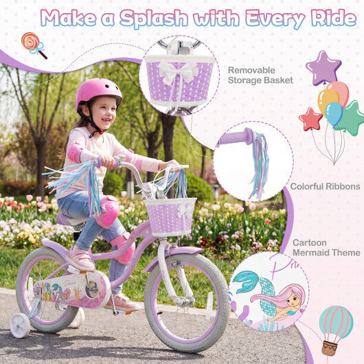 Costway 16 Inch Kids Bike Adjustable with Basket and Streamers Purple - Princess of the Sea Theme W2B