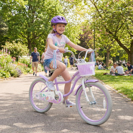 Costway 20 Inch Kids Bike Adjustable with Basket and Streamers Purple - Princess of the Sea Theme W2B