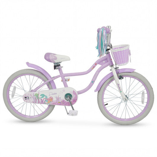 Costway 20 Inch Kids Bike Adjustable with Basket and Streamers Purple - Princess of the Sea Theme W2B