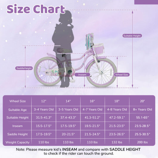 Costway 20 Inch Kids Bike Adjustable with Basket and Streamers Purple - Princess of the Sea Theme W2B