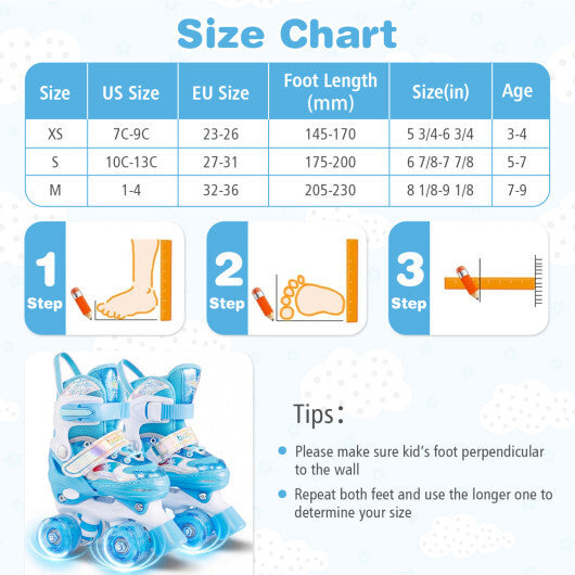 Costway Kids Roller Skates 4 Sizes Adjustable with Light-up Wheels for Toddler Aged 3-4 (XS)-Blue W2B