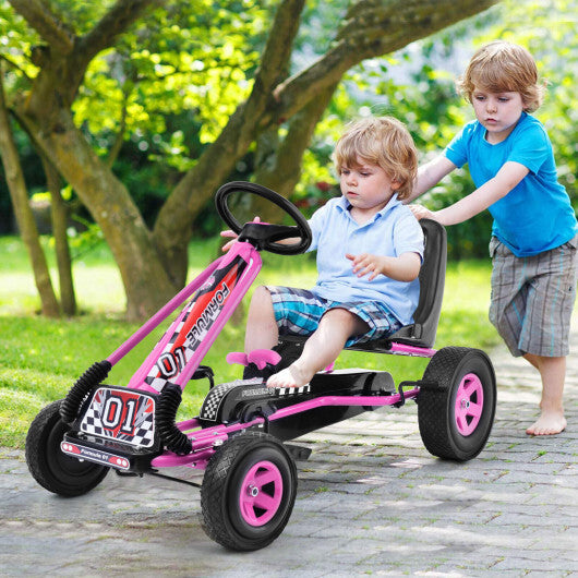 Costway Honeyjoy Go Kart 4 Wheel Pedal Powered Kids Ride On Toy with Adjustable Seat Pink