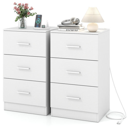 Costway Set of 2 Nightstand with Charging Station End Table with 3 Storage Drawers Bedside Table for Bedroom-White W2B
