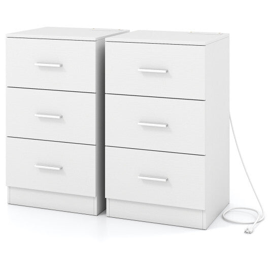 Costway Set of 2 Nightstand with Charging Station End Table with 3 Storage Drawers Bedside Table for Bedroom-White W2B