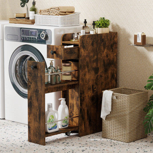 Costway Small Bathroom Storage Cabinet 4-Tier with Slide Out Drawers on Casters-Brown W2B