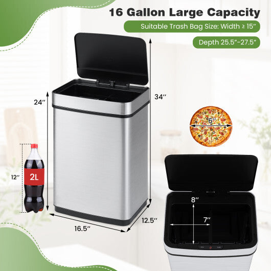 Costway 16 Gallon Trash Can Infrared Motion Sensor Garbage Can with Dual Compartments-Silver W2B