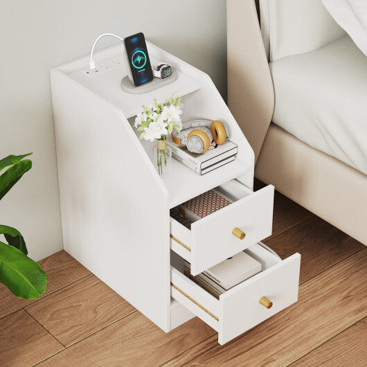 Costway Side End Table with Charging Station Sofa Couch Table with Shelf Drawers-White W2B