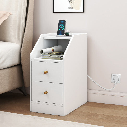 Costway Side End Table with Charging Station Sofa Couch Table with Shelf Drawers-White W2B