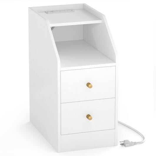 Costway Side End Table with Charging Station Sofa Couch Table with Shelf Drawers-White W2B