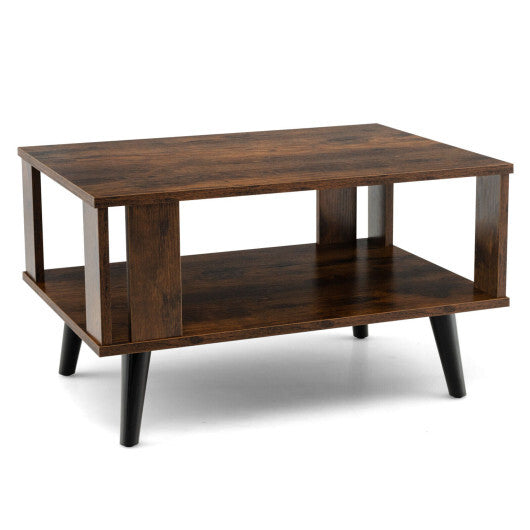 Costway Compact Retro Mid-Century Coffee Table with Storage Open Shelf-Rustic Brown W2B