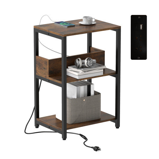 Costway Side End Table with Charging Station and Open Shelves-Rustic Brown W2B