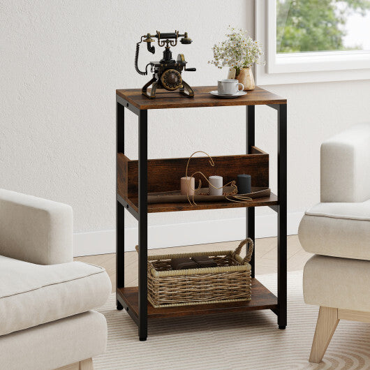 Costway Side End Table with Charging Station and Open Shelves-Rustic Brown W2B