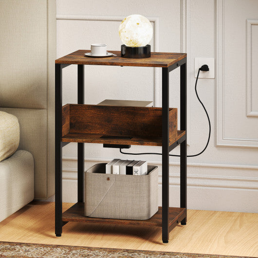 Costway Side End Table with Charging Station and Open Shelves-Rustic Brown W2B
