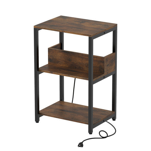 Costway Side End Table with Charging Station and Open Shelves-Rustic Brown W2B