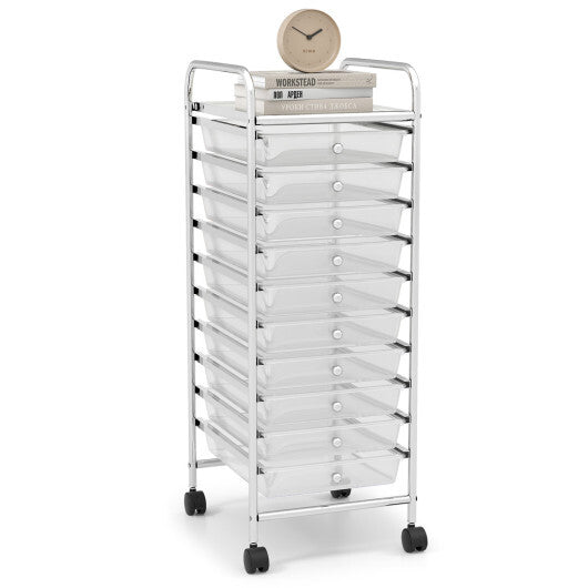 Costway 10 Drawer Rolling Storage Cart Organizer with 4 Universal Casters-Clear W2B