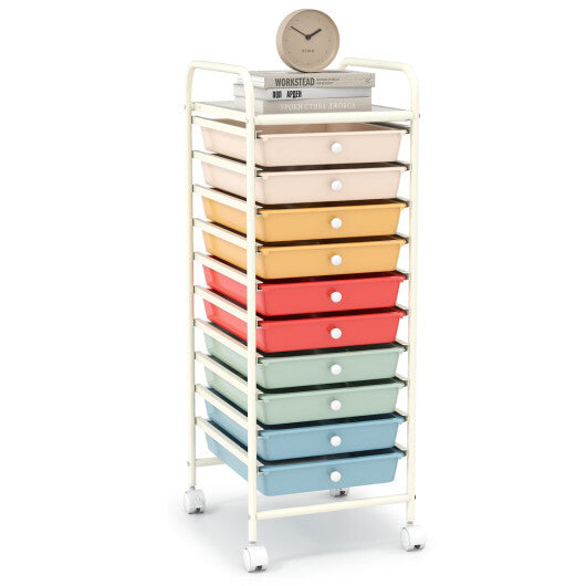 Costway 10 Drawer Rolling Storage Cart Organizer with 4 Universal Casters-Macaron Multicolor W2B