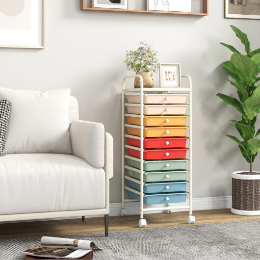 Costway 10 Drawer Rolling Storage Cart Organizer with 4 Universal Casters-Macaron Multicolor W2B