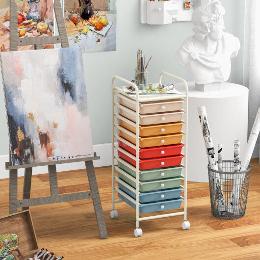Costway 10 Drawer Rolling Storage Cart Organizer with 4 Universal Casters-Macaron Multicolor W2B