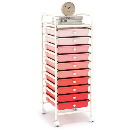 Costway 10 Drawer Rolling Storage Cart Organizer with 4 Universal Casters-Gradient Pink W2B