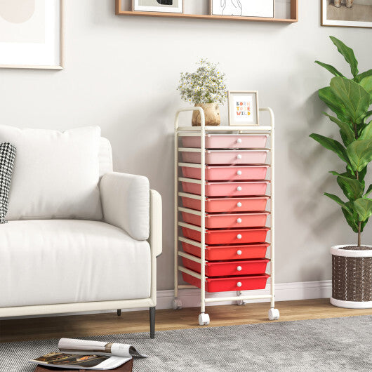 Costway 10 Drawer Rolling Storage Cart Organizer with 4 Universal Casters-Gradient Pink W2B