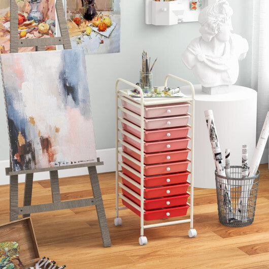 Costway 10 Drawer Rolling Storage Cart Organizer with 4 Universal Casters-Gradient Pink W2B