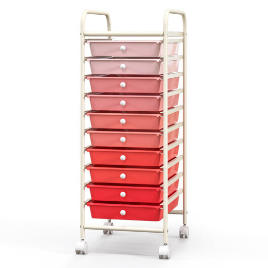 Costway 10 Drawer Rolling Storage Cart Organizer with 4 Universal Casters-Gradient Pink W2B